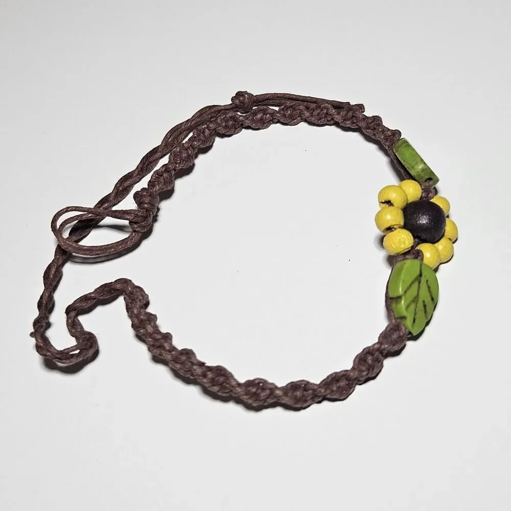Yellow Daisy Wooden Flower Beaded Bracelet Brown Cord Adjustable
